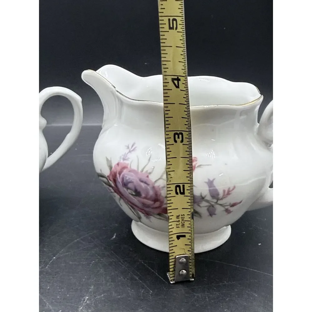 Vintage Favolina Creamer Pitcher And Sugar Bowl Made in Poland Pink Purple Roses